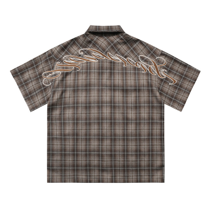 Letter Embroidered Short Sleeve Plaid Shirt Lapel Loose Shirt - cas7m