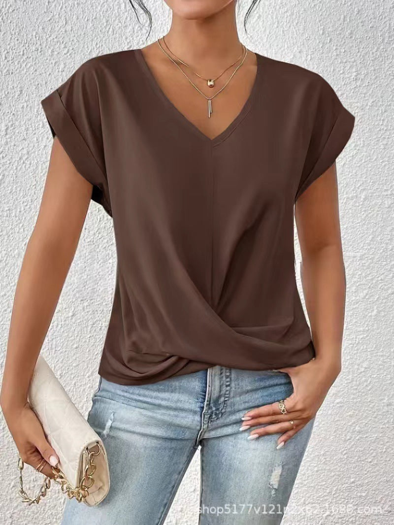 Fashion V-neck Short-sleeve T-shirt Summer Casual Irregular Knot Top For Women Clothing - cas7m