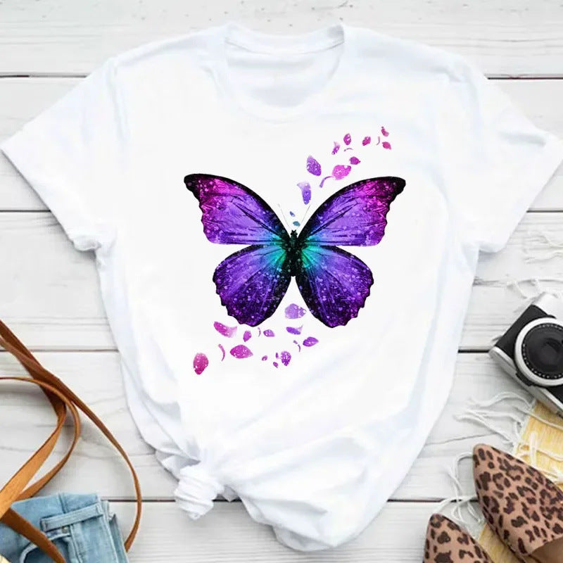 Colorized Butterfly Petal Printed T-shirt Short Sleeve Round Neck - cas7m