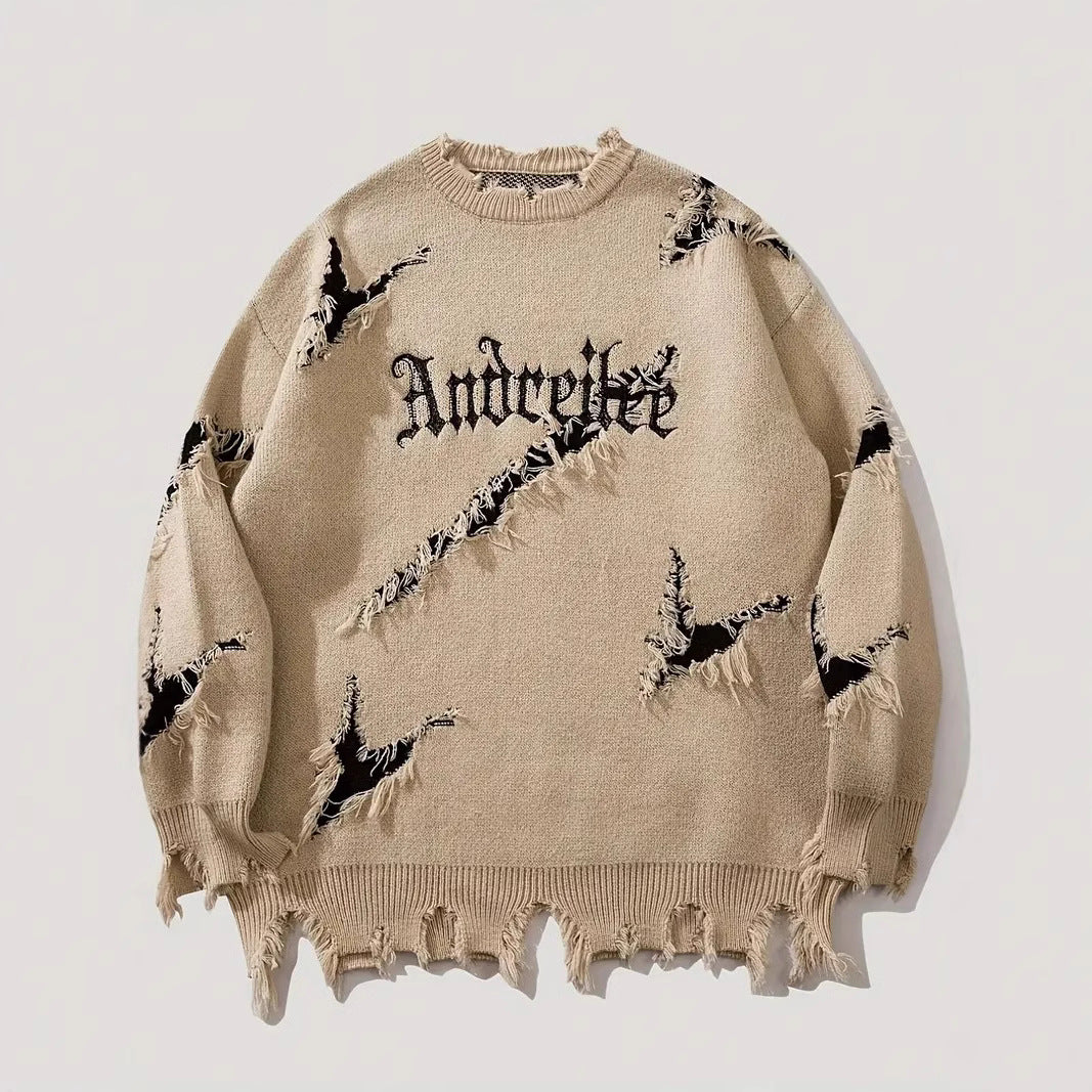 New Personality Street Jacquard Ripped Frayed Vintage Loose Sweater - cas7m
