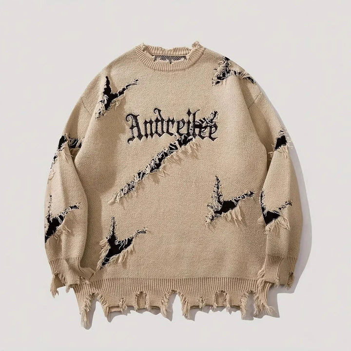 New Personality Street Jacquard Ripped Frayed Vintage Loose Sweater - cas7m