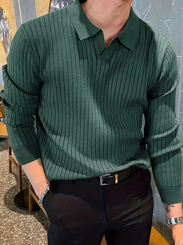 Lapel Texture Stretch Slim Knit Polo Shirt Men Polo Shirt Fashion Waffle Long-sleeved Tops Clothing Casual Comfortable Golf Men's Clothing - cas7m