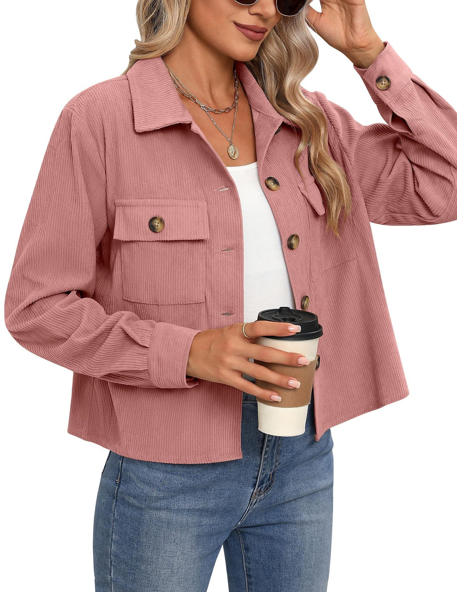 Corduroy Button Cropped Jacket For Women - cas7m