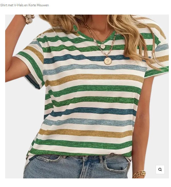 Casual Top Fashion Trend Stripes Short Sleeve Women V-neck - cas7m