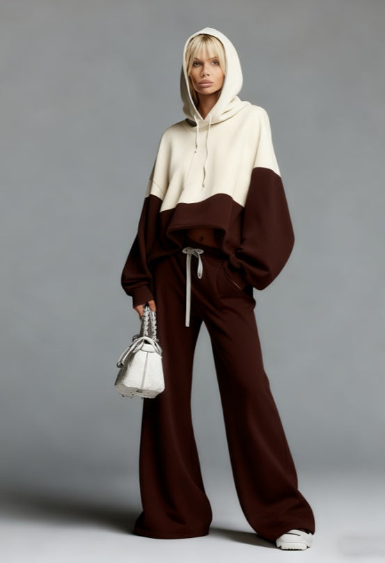 Color-blocked Hoodie And Wide-leg Pants Two-piece Set - cas7m