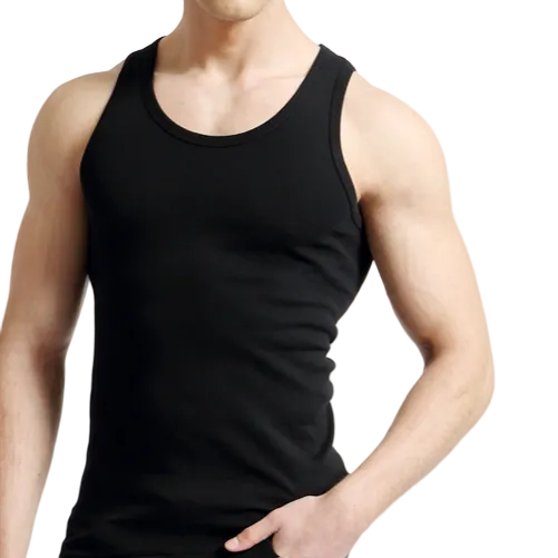 A man wearing a plain black sleeveless tank top against a light gray studio background.