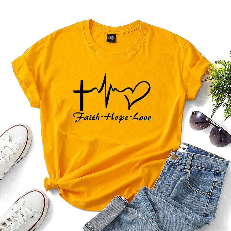 Faith Hope Love Letter Short-sleeved Cotton Bottoming Shirt - cas7m