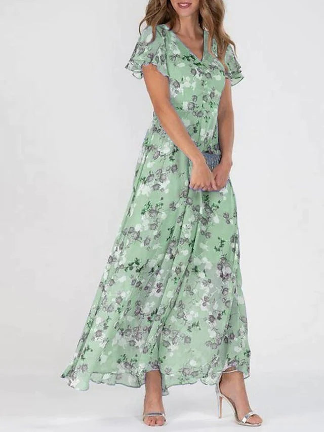 Flowers Print Short Sleeve Dress Summer Fashion Ruffle Beach Dresses Women's Clothing - cas7m