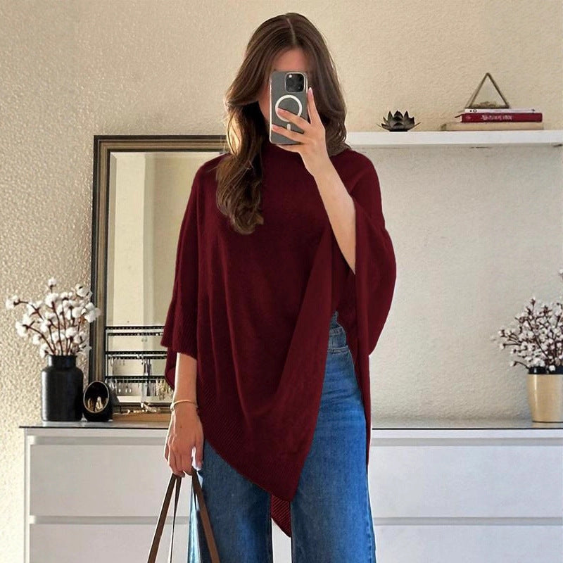 Shawl-Neck Sweater Irregular Wool Knitted Cape - cas7m