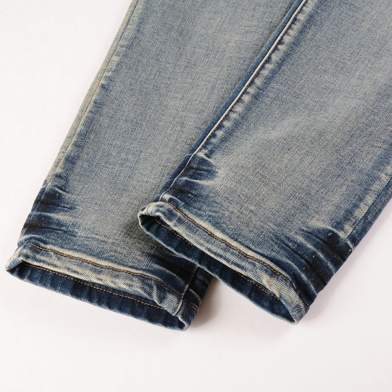 Men's Frayed And Worn Washed Ink Painting Slim Jeans - cas7m