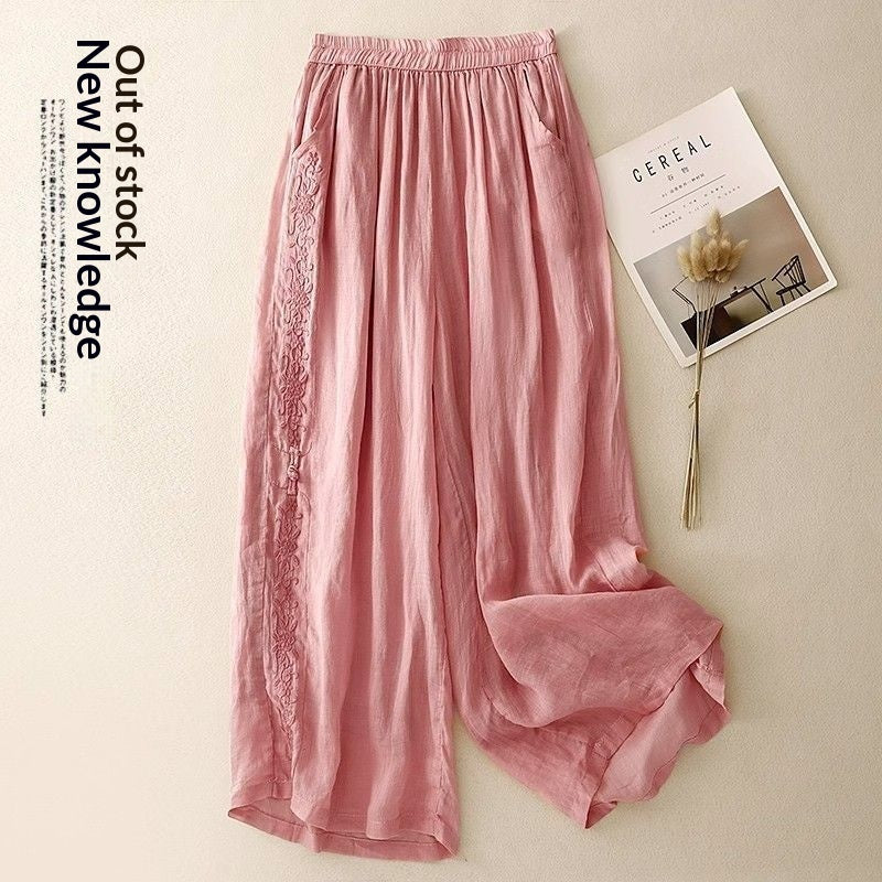 Embroidered Loose-fit Drapey Cotton-linen Pants - cas7m