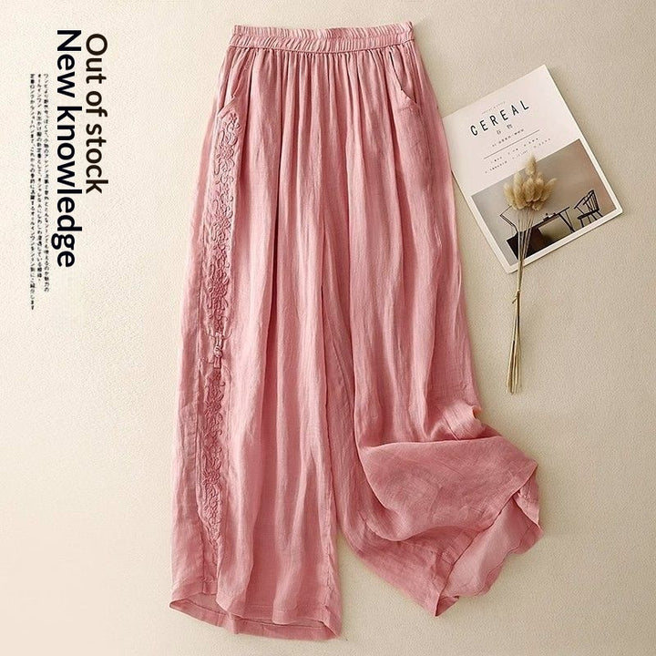 Embroidered Loose-fit Drapey Cotton-linen Pants - cas7m