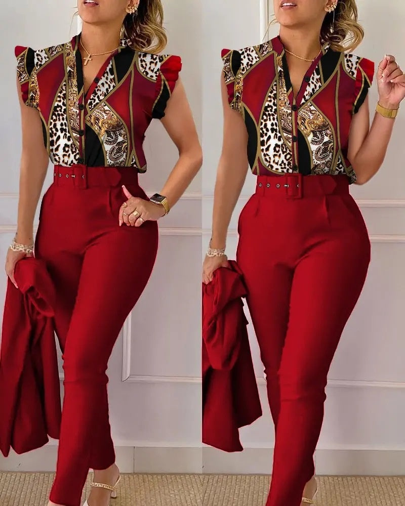 Printed Ruffle Sleeve Top Solid Color Pants Suit With Belt - cas7m