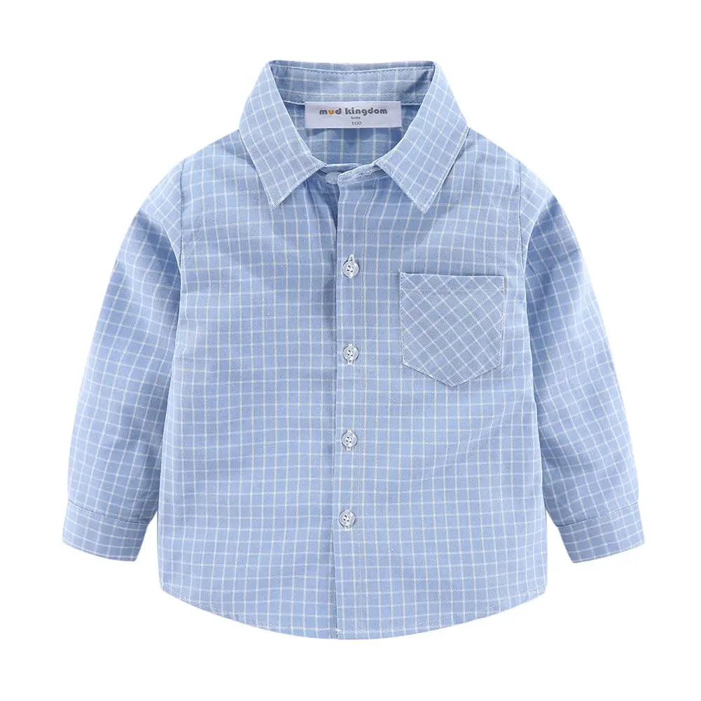 A light blue and white checkered long-sleeve button-up shirt for toddlers, featuring a pointed collar, a chest pocket, and white buttons, shown on a plain white background.