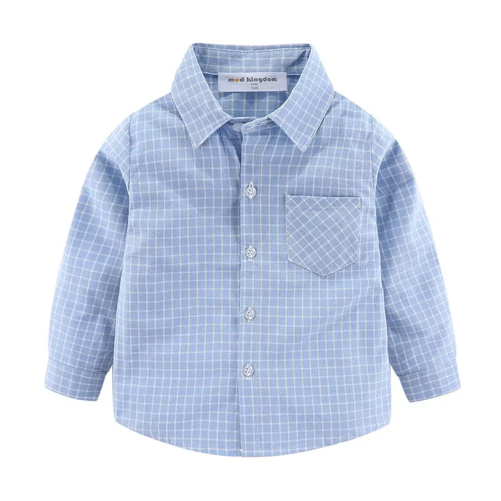 A light blue and white checkered long-sleeve button-up shirt for toddlers, featuring a pointed collar, a chest pocket, and white buttons, shown on a plain white background.