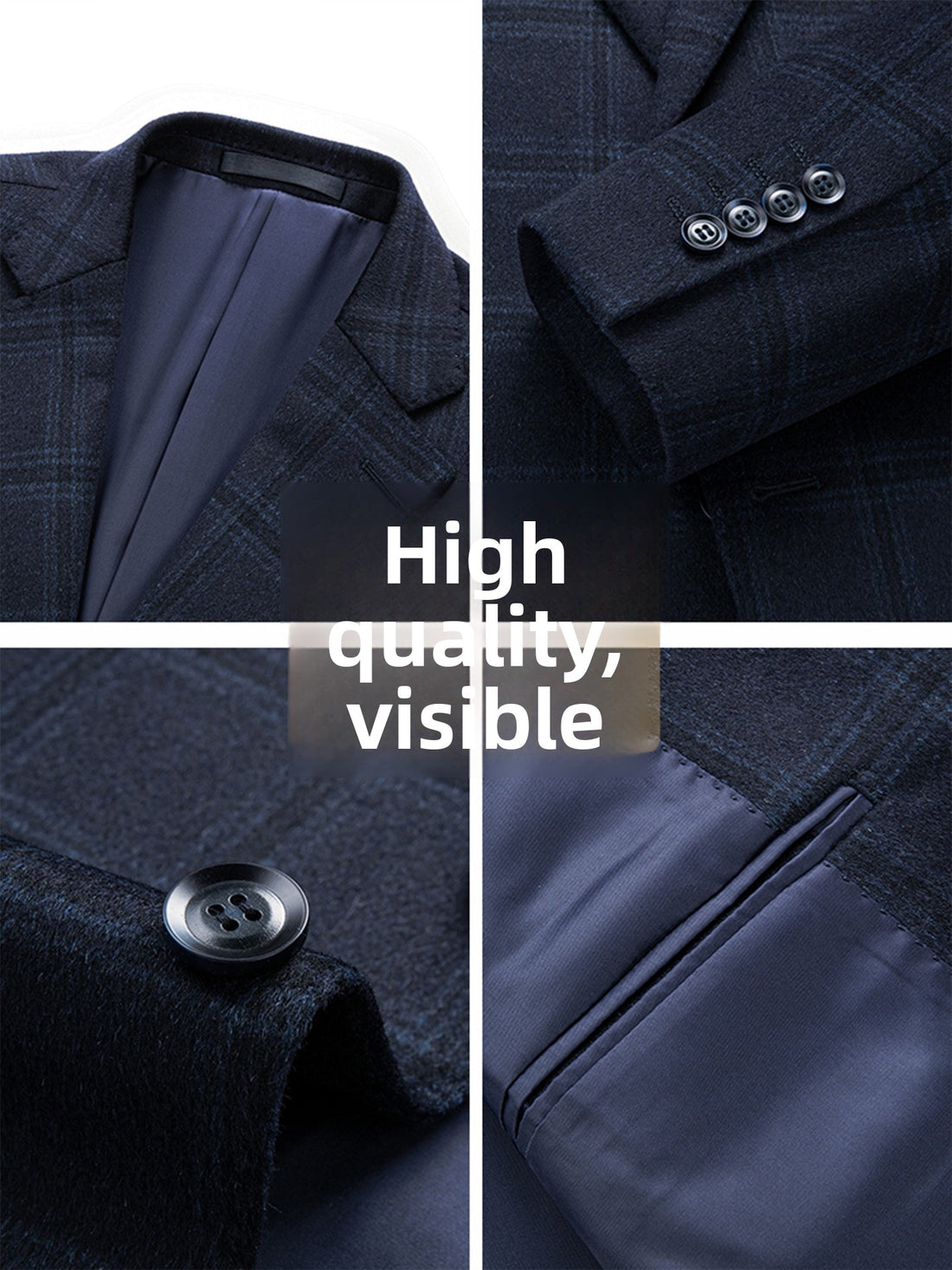 Four-panel close-up collage of a dark navy plaid blazer, showing the lapel, buttoned cuff, front button, and pocket with a central text overlay reading 'High quality, visible'.