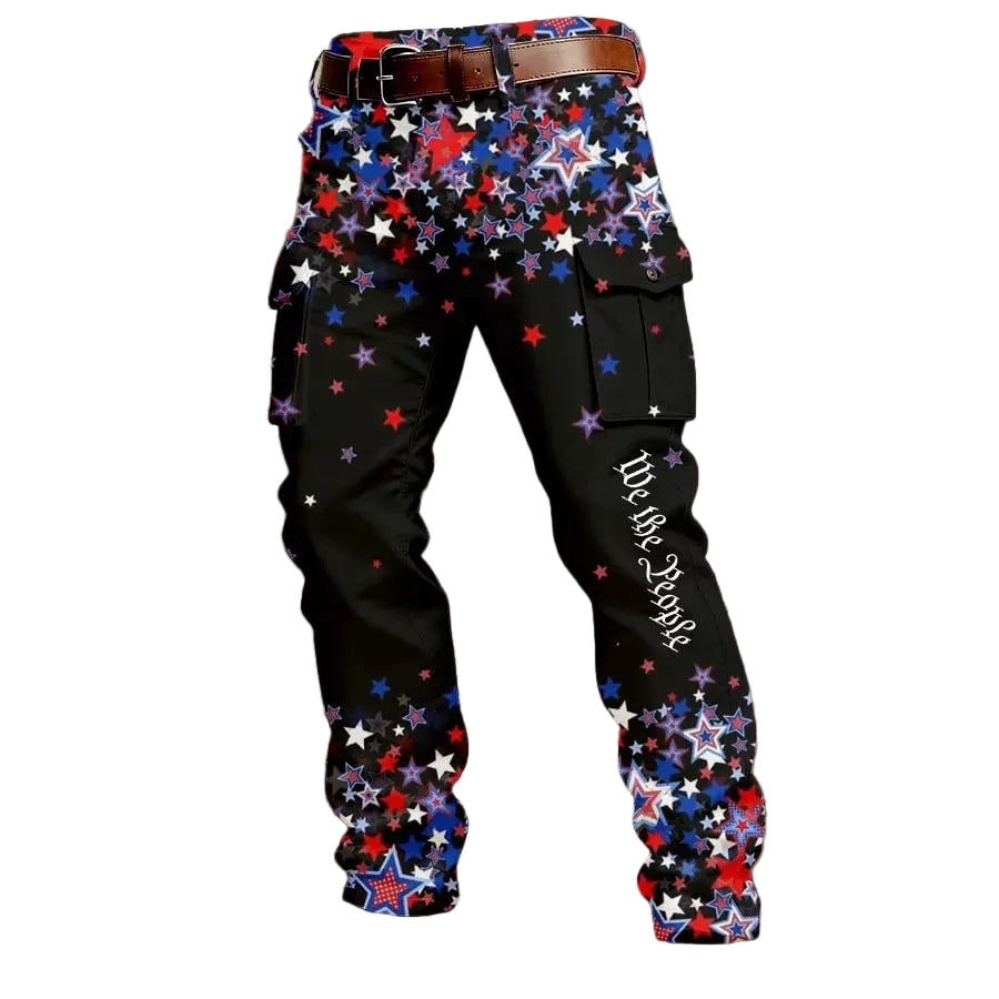 Black pants with star pattern and 'We the People' text on a textured background