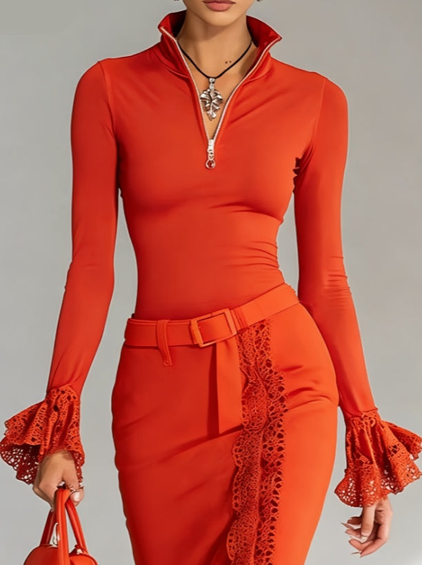 Lace-trimmed Stand-up Collar Zip-up Long-sleeved Top For Women - cas7m