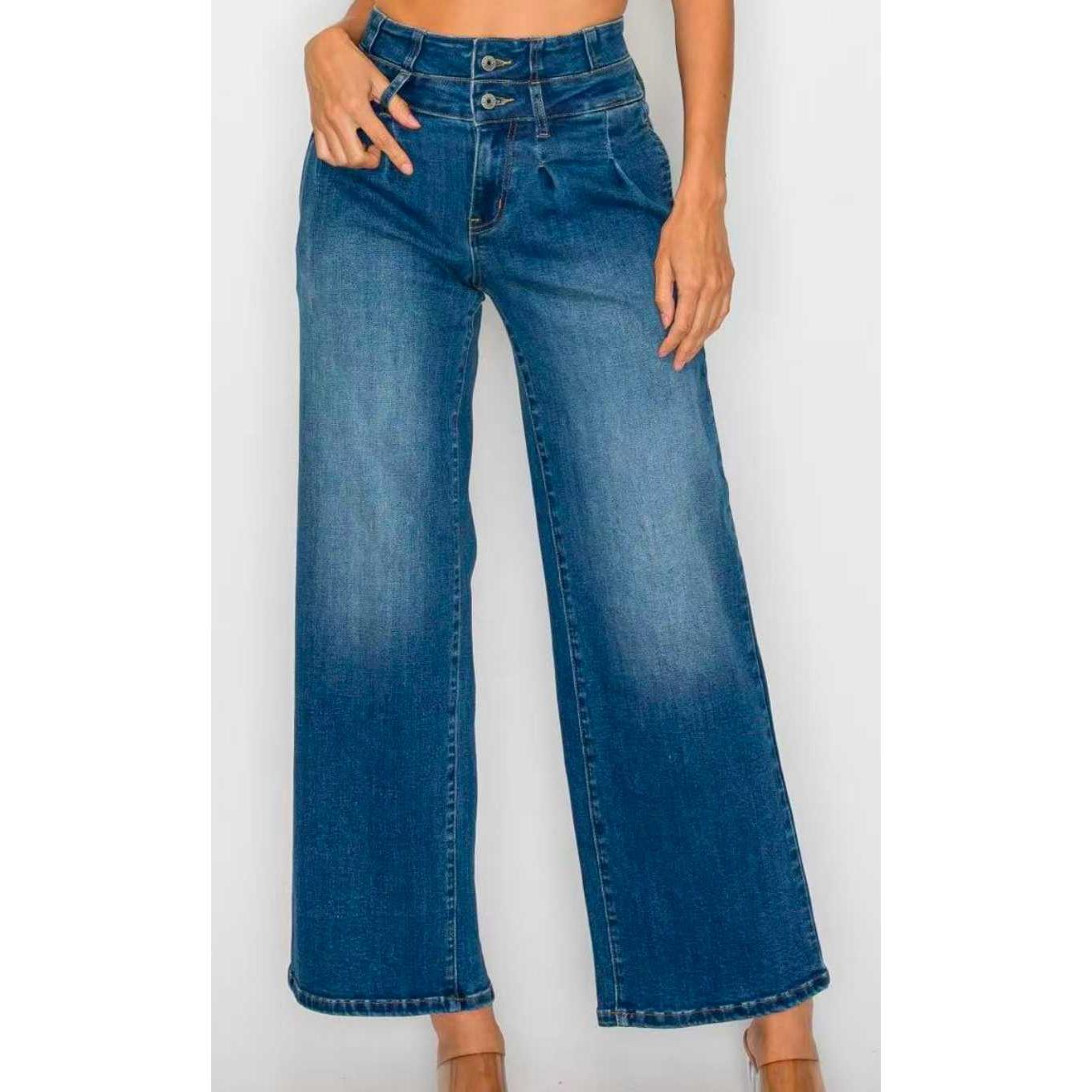 Women's Medium Blue Elastic Waist Jeans - Wide Leg Casual Denim - cas7m