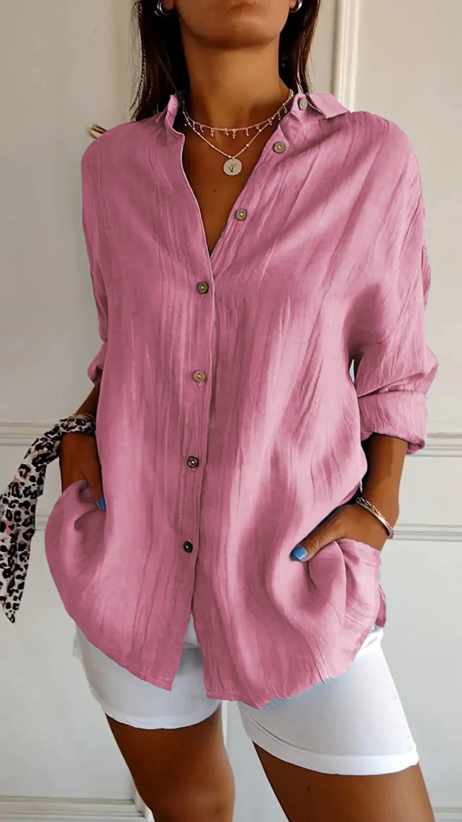 Lapel Long Sleeve Shirt Women's Single-breasted Pleated Shirt Tops Clothing - cas7m