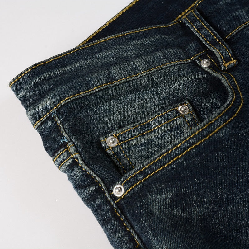 High Street Blue Ripped Leather Patchwork Men's Jeans - cas7m