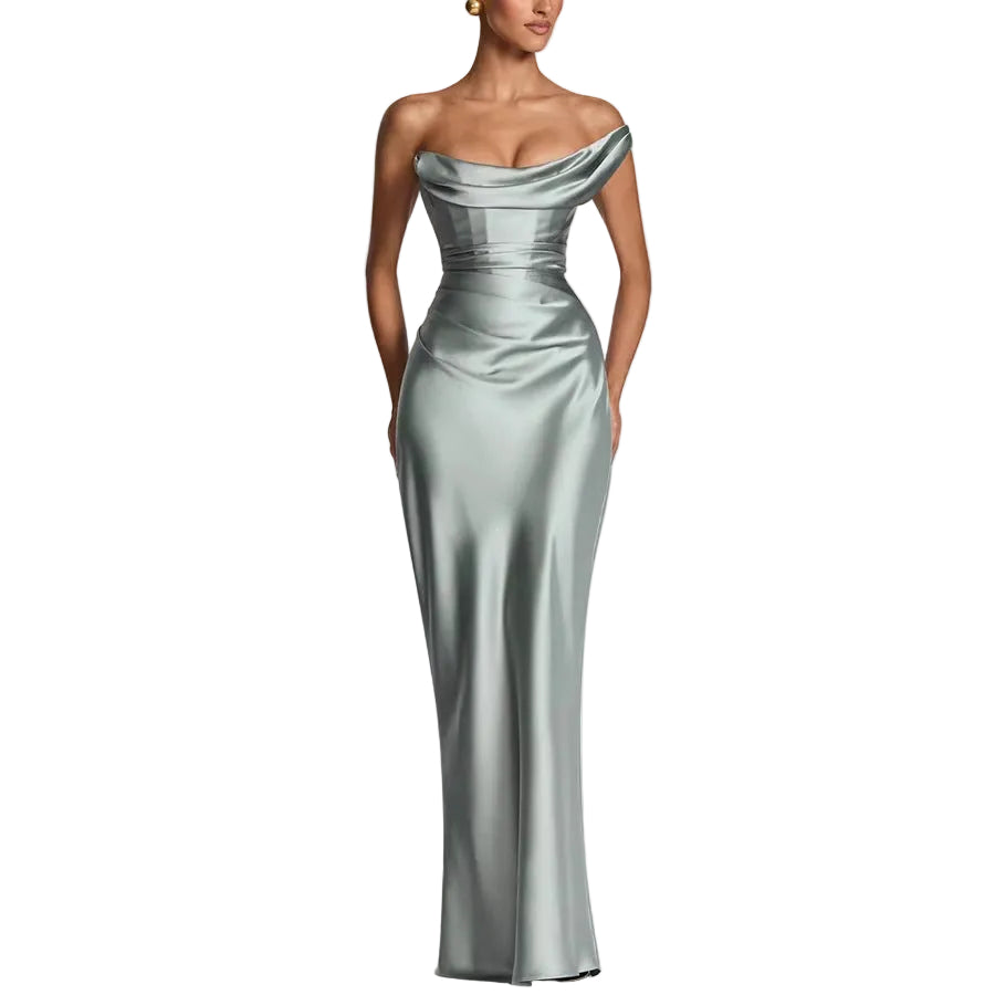 Silver strapless gown on a plain background