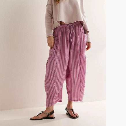 Striped Straight-leg Pants Elastic Waist Cropped Pleated Pants - cas7m