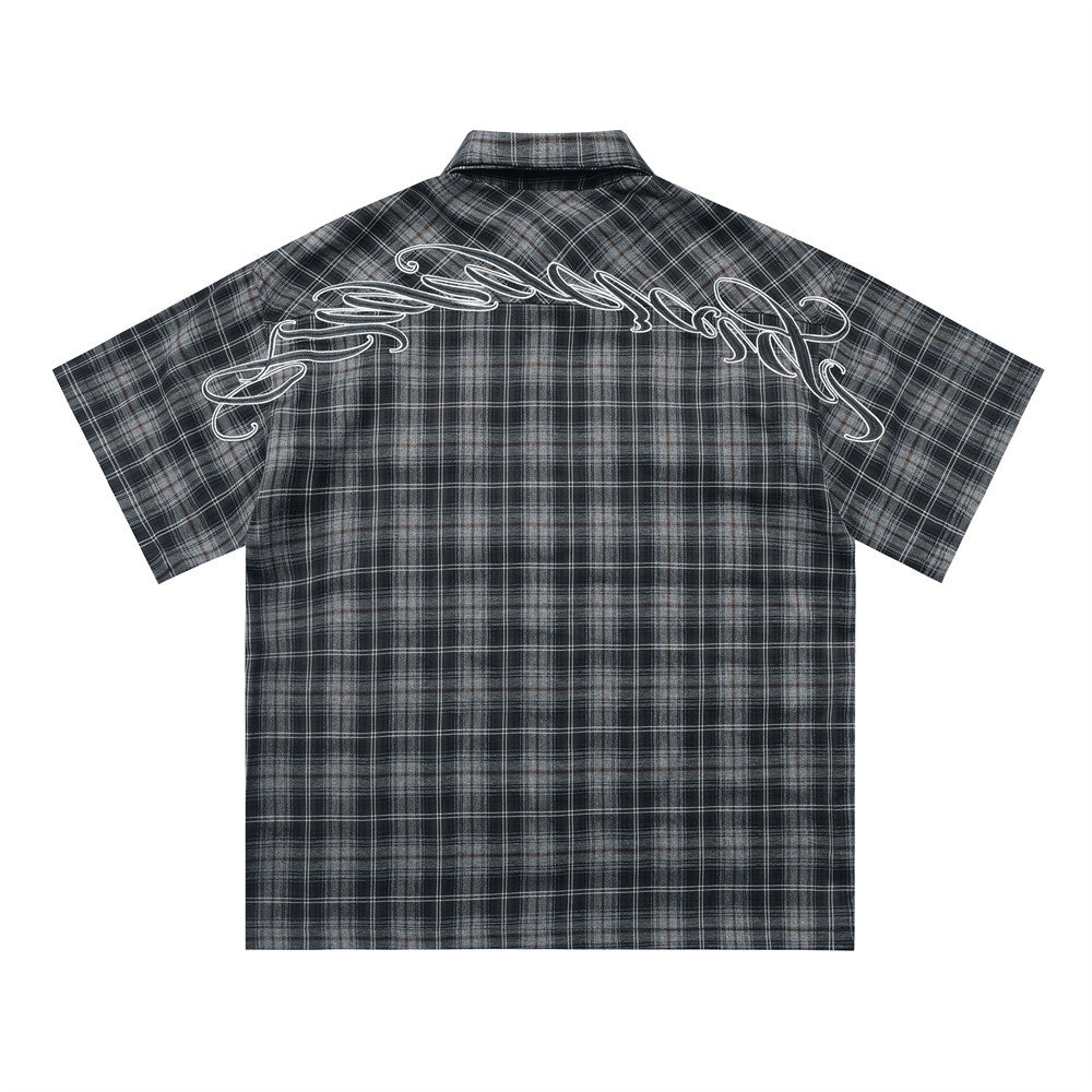 Letter Embroidered Short Sleeve Plaid Shirt Lapel Loose Shirt - cas7m