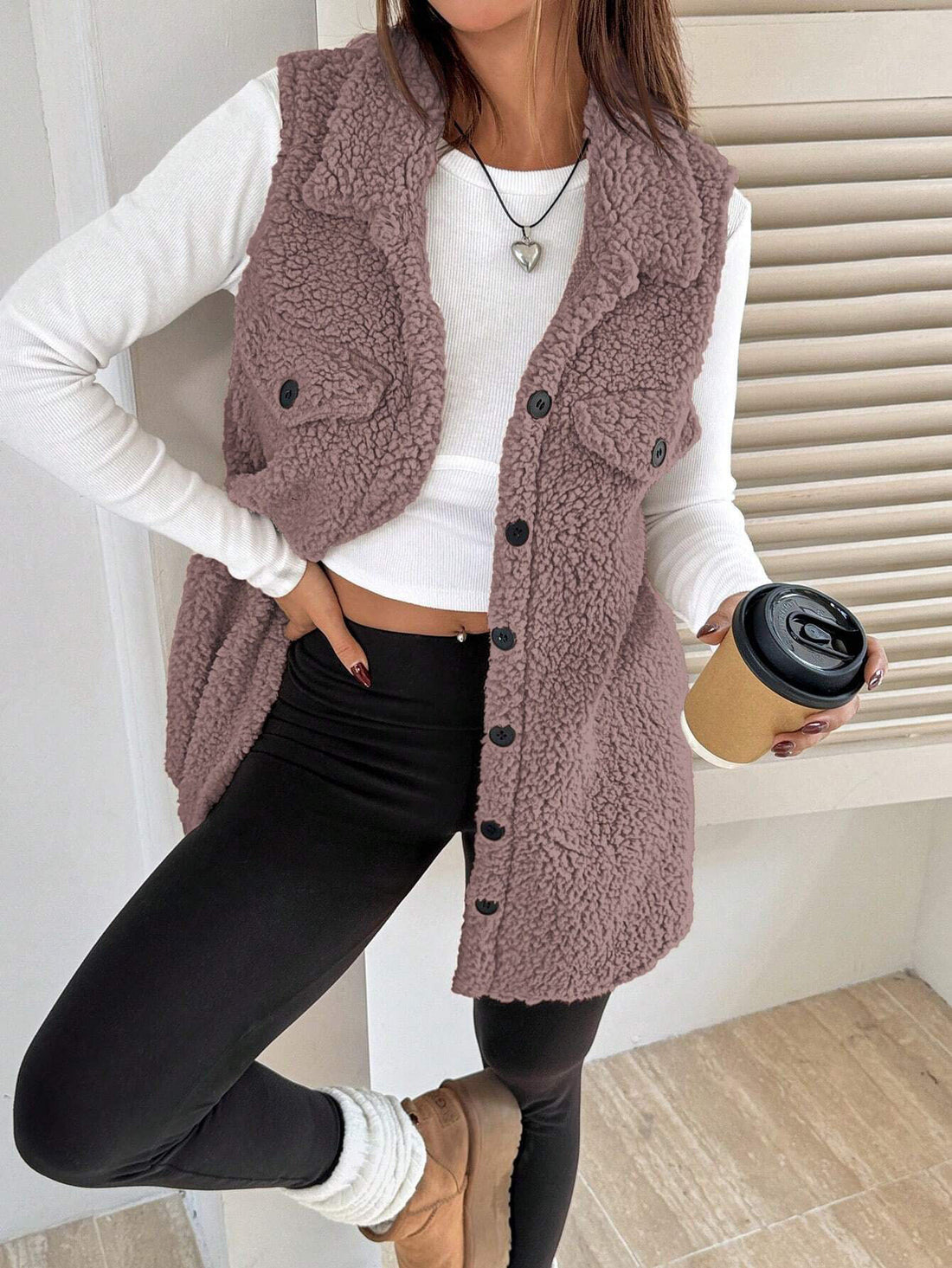 Lapels Open Button Plush Vest Cardigan - cas7m