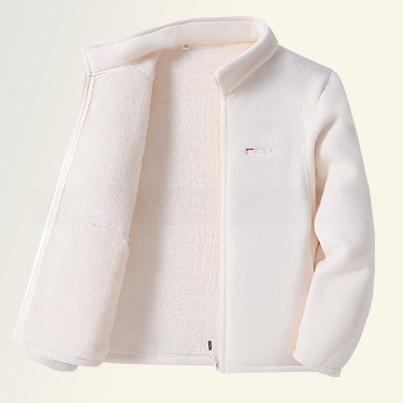 A cream-colored fleece zip-up jacket with a soft sherpa lining, featuring a small embroidered FILA logo on the left chest, set against a solid off-white background.