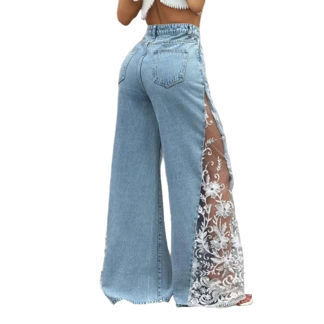 Women Colorblock Lace Spliced Wide Leg Denim Jeans