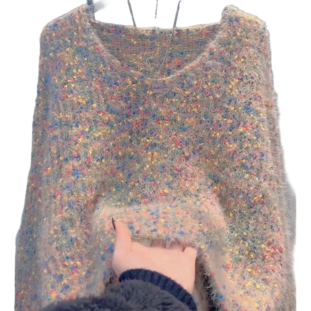 Women's V-neck Pullover Short Colorful Polka Dot Sweater - cas7m