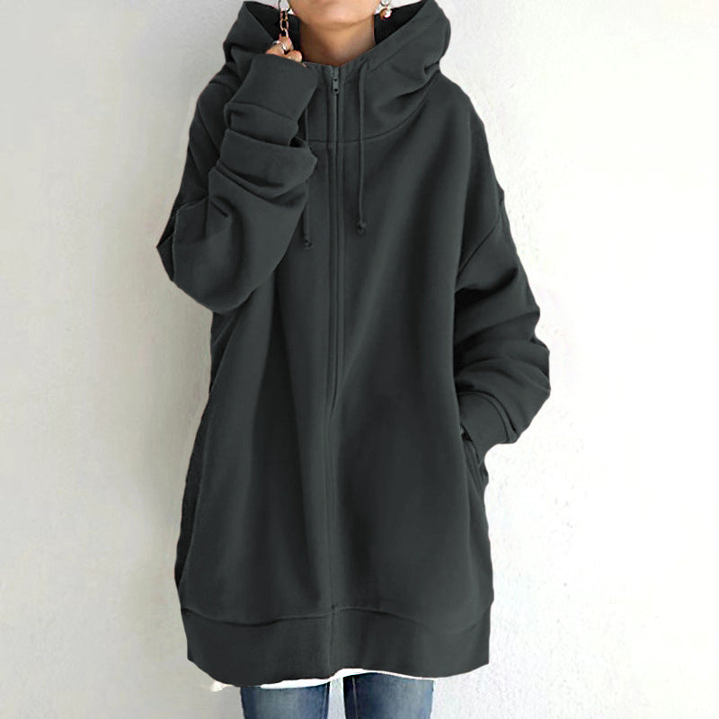 Oversized S-5XL Women Loose Hooded Coats Autumn Female Tie Collar Long Sleeve Zipper Up Add Velvet Long Sweatshirt - cas7m