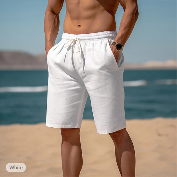 Summer Drawstring Shorts Elastic Waist Straight Pants Beach Breathable Shorts For Men Clothing - cas7m