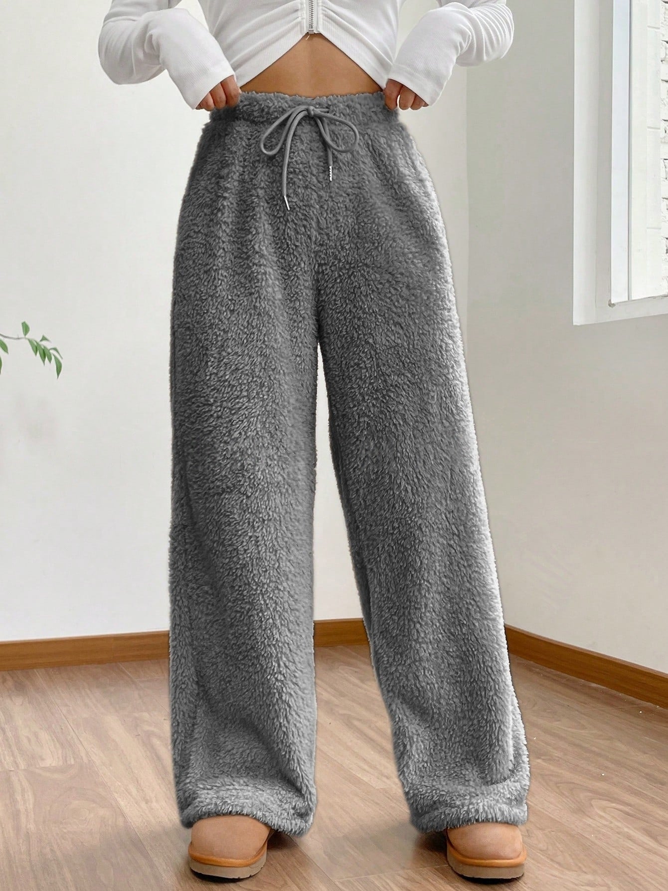 Women's Solid Color Loose Fleece Casual Pants - cas7m