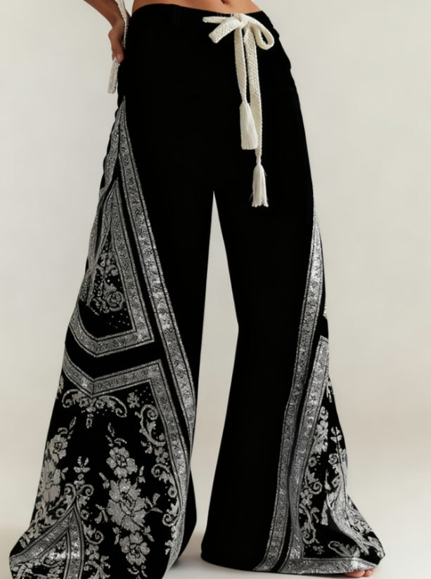 Women's Retro Patchwork Wide-Leg Pants, High-Waisted Drape Flared Pants, Ethnic Style Tie Casual Pants - cas7m