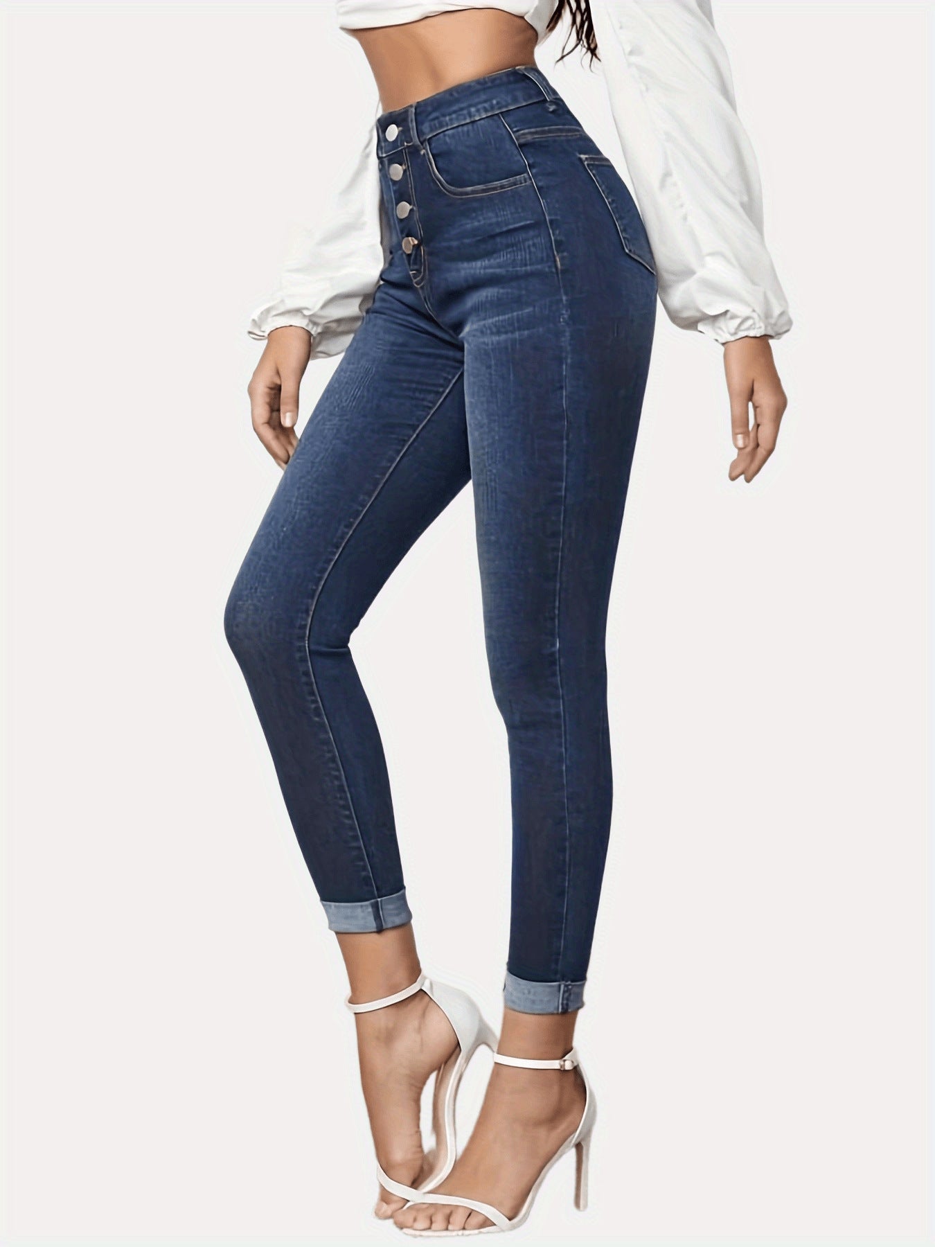 Contrast Color Slim Fit Stretch Rolled Hem Cropped Jeans - cas7m