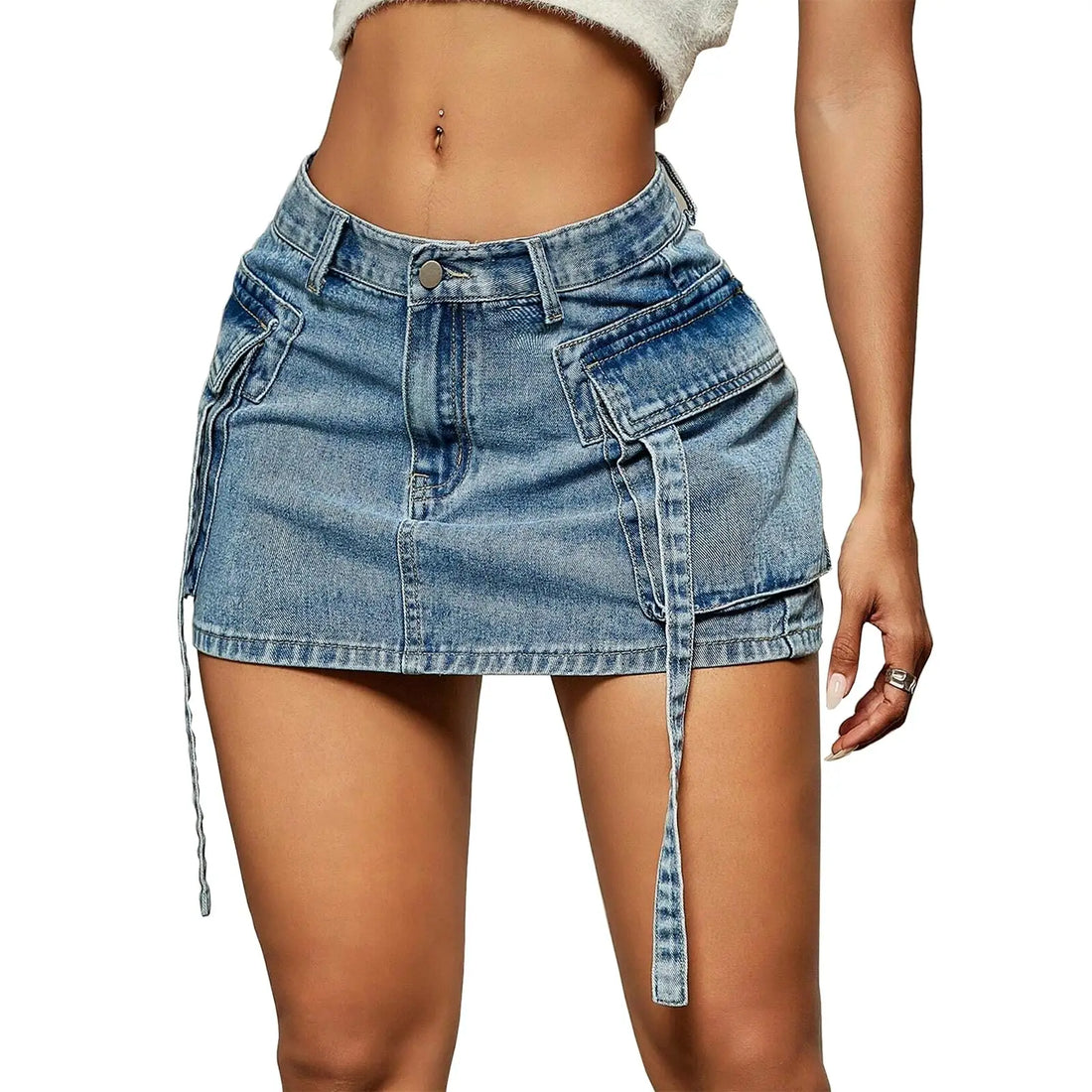 Denim skirt worn by a person on a white background