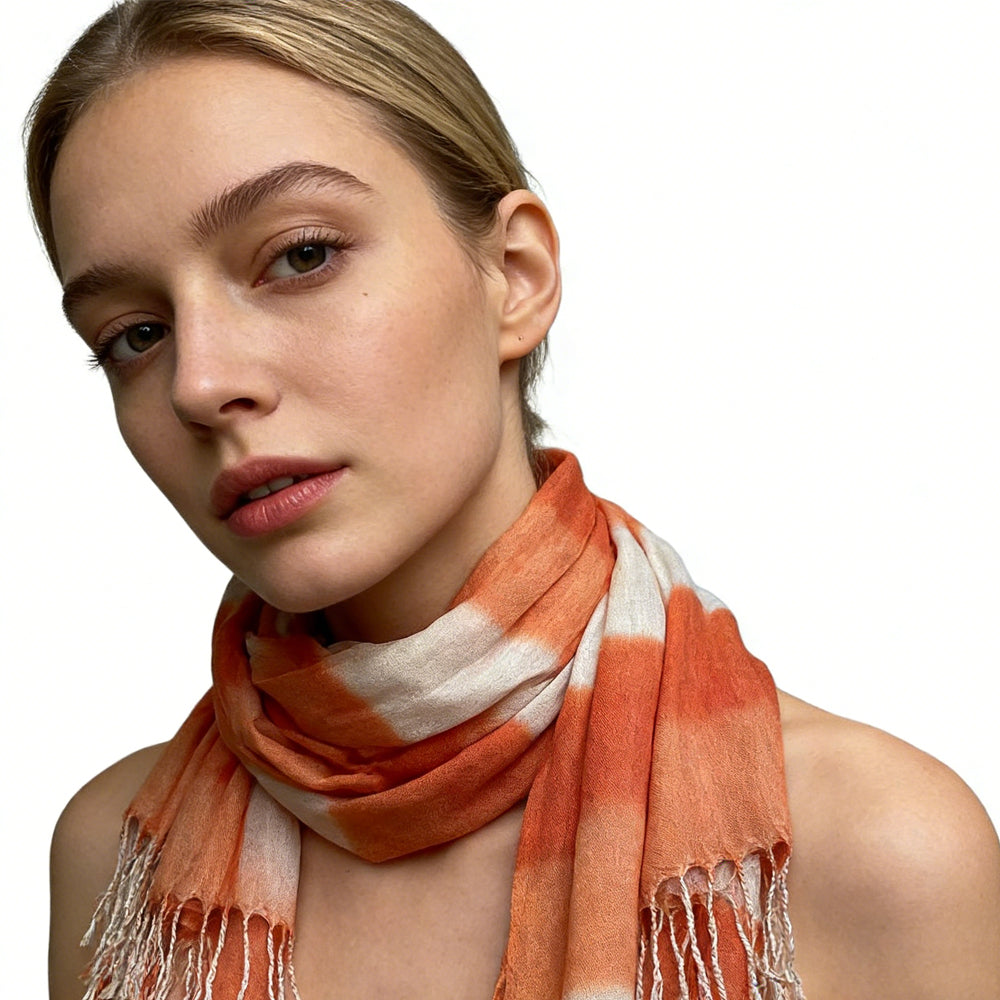 2pcs Coral Toned Abstract,Flowy Casual Scarf ,Orange Red Printed Scarf,Fringed Edges For Movement Women Men - cas7m