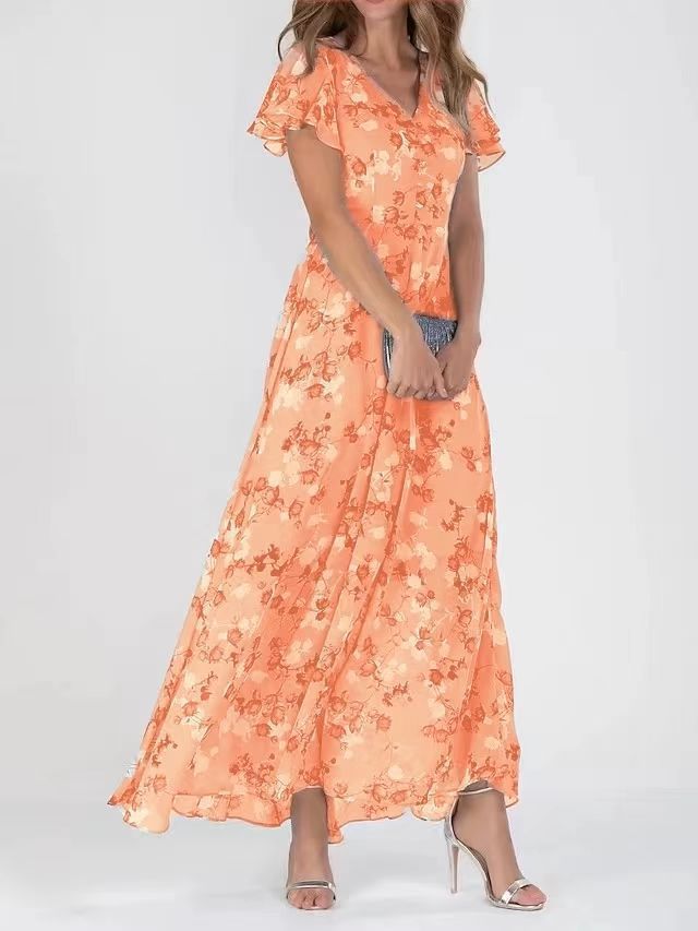 Flowers Print Short Sleeve Dress Summer Fashion Ruffle Beach Dresses Women's Clothing - cas7m
