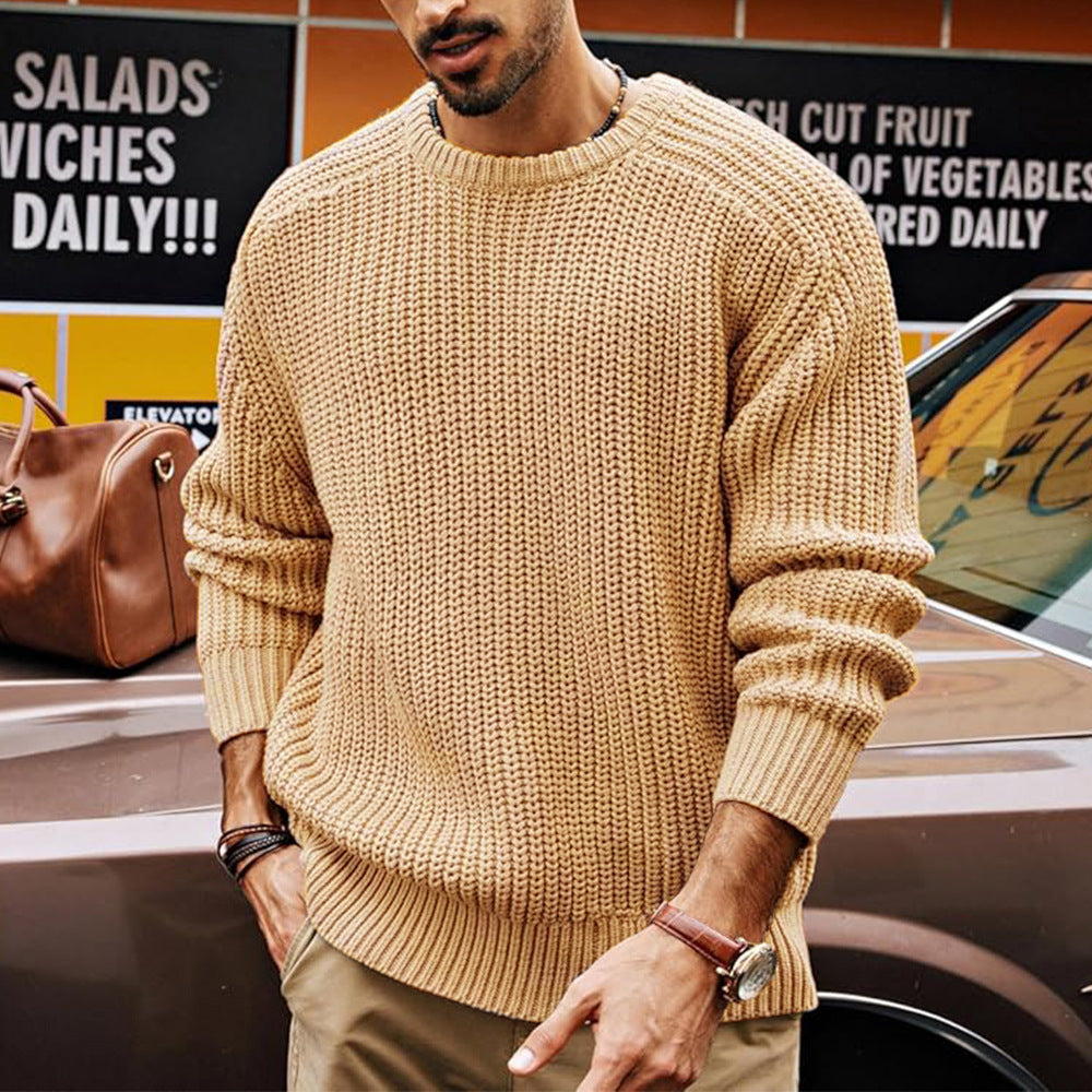 Men's Solid Color Long Sleeve Round Neck Fashion Sweater Loose Retro Sweater - cas7m