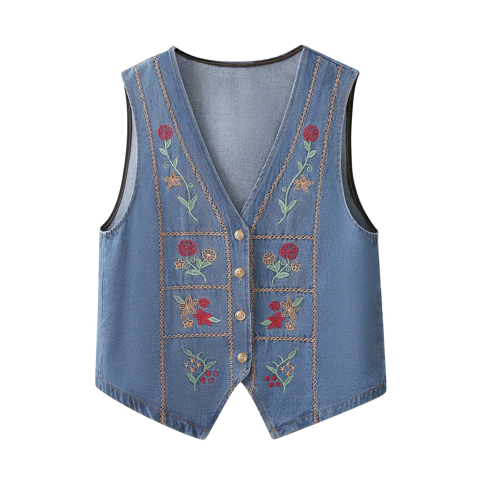 Heavy-Duty Embroidered Ethnic-Style V-Neck Denim Vest - cas7m