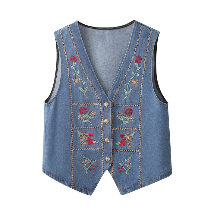 Heavy-Duty Embroidered Ethnic-Style V-Neck Denim Vest - cas7m