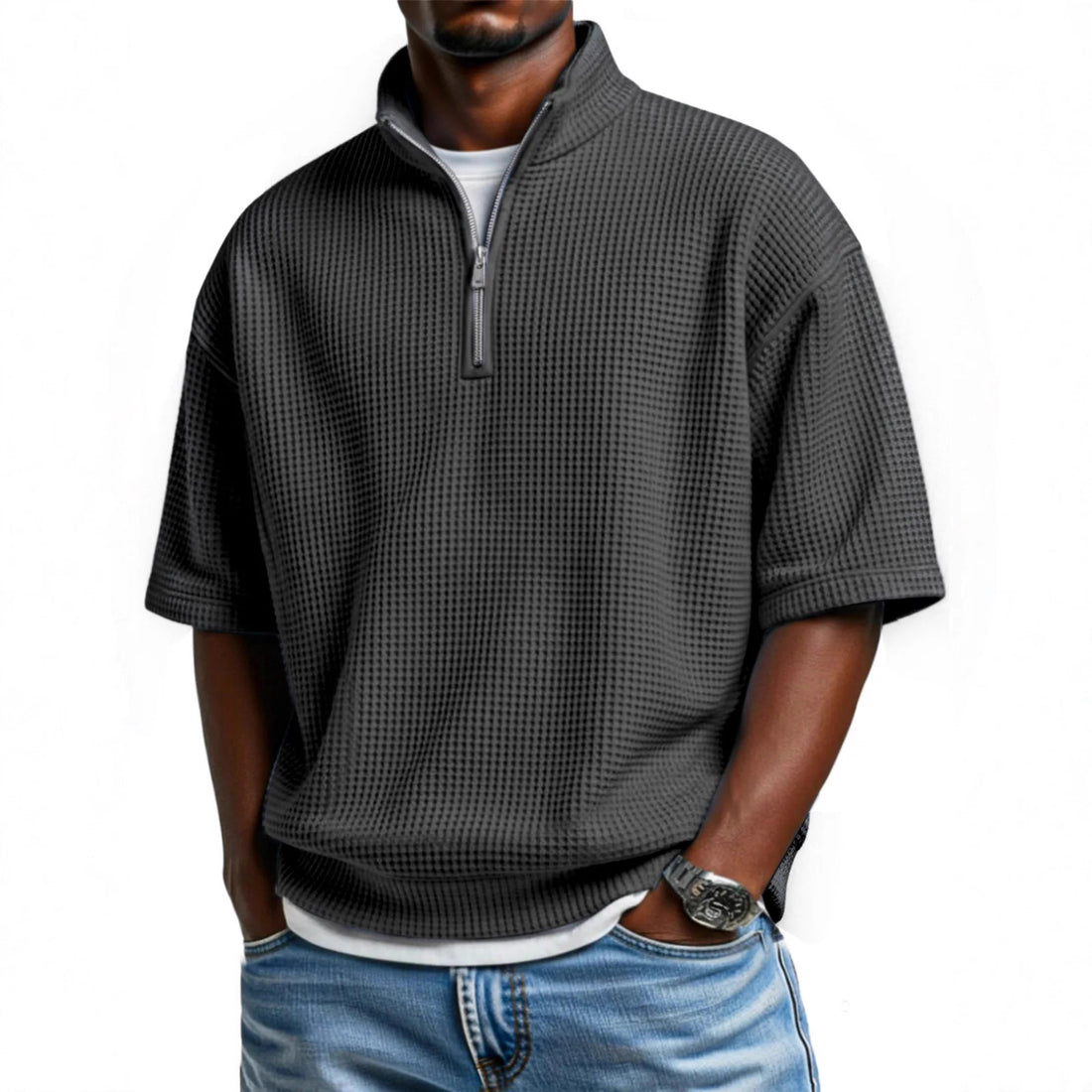 Waffle-knit Short-sleeve Polo Shirt For Men Loose-fitting Half-zip T-shirt - cas7m