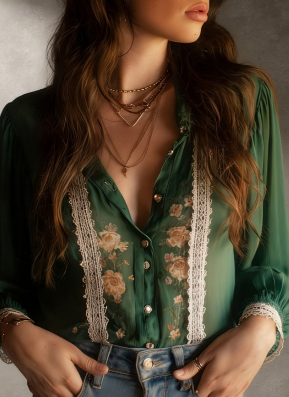 French Retro Style Lace Floral Print Shirt For Women - cas7m