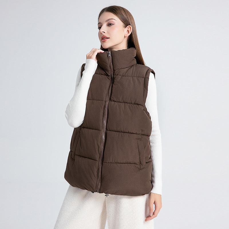 Women's Sleeveless Mid-length Stand-up Collar Thermal Down Cotton Thickened Vest - cas7m