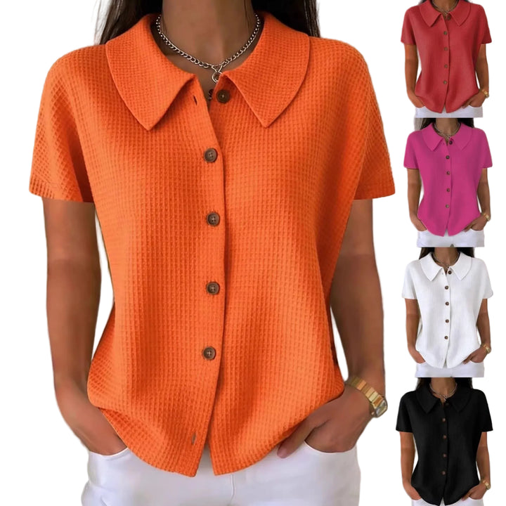 Turn-Down Collar Waffle Weave Solid Color Casual Loose Fit Short Sleeve Shirt - Women's Cotton Blend Lightweight Summer Top For Daily Wear - cas7m
