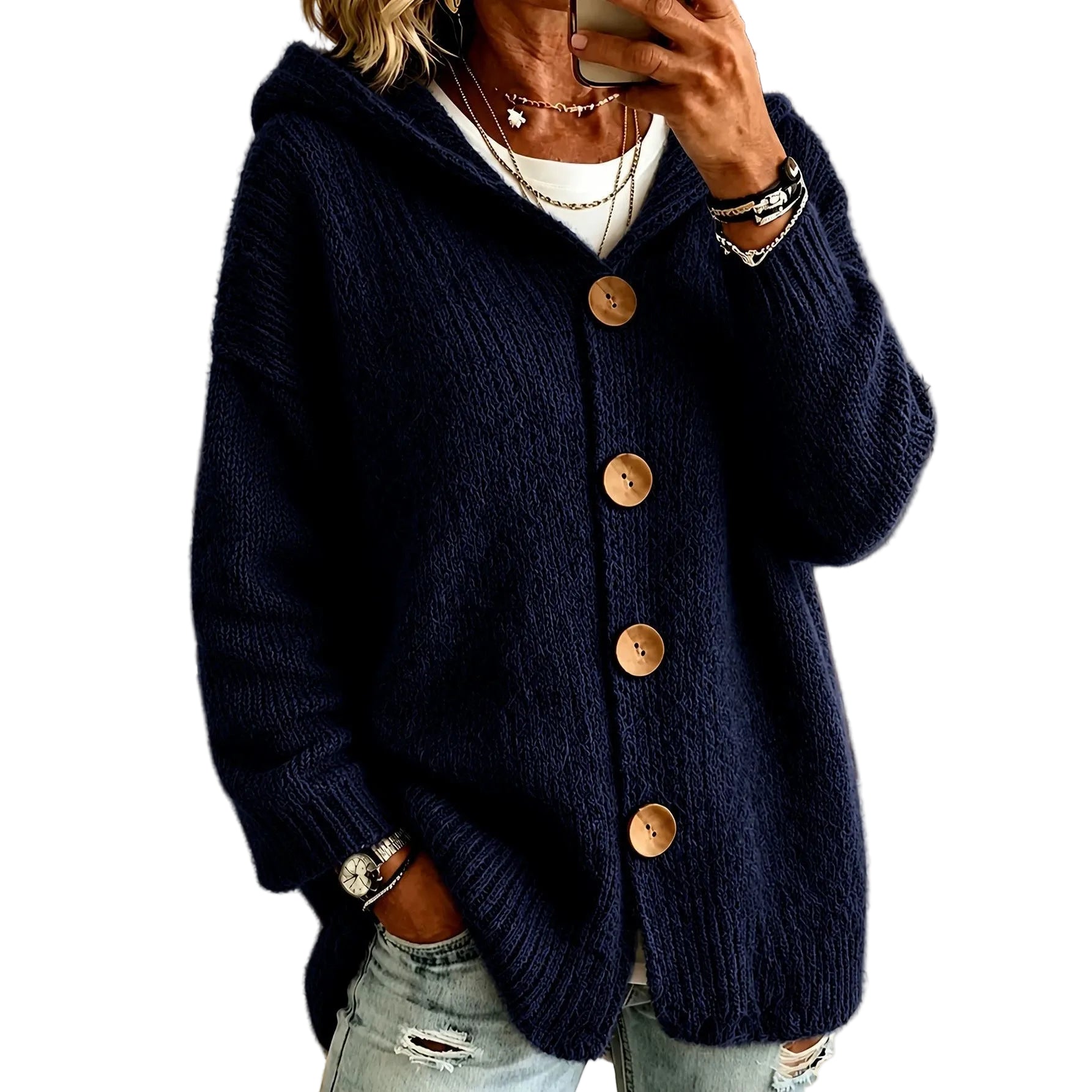 Hooded Cardigan Sweater Jacket With Four Buttons - cas7m