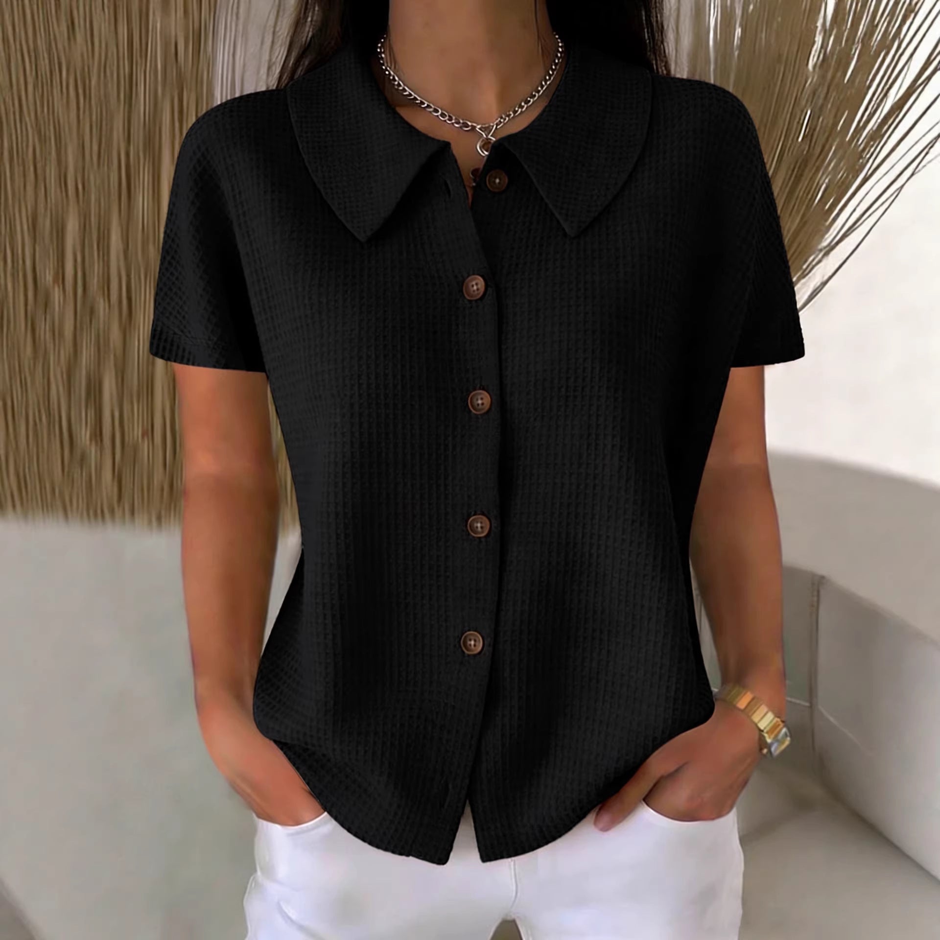 Turn-Down Collar Waffle Weave Solid Color Casual Loose Fit Short Sleeve Shirt - Women's Cotton Blend Lightweight Summer Top For Daily Wear - cas7m