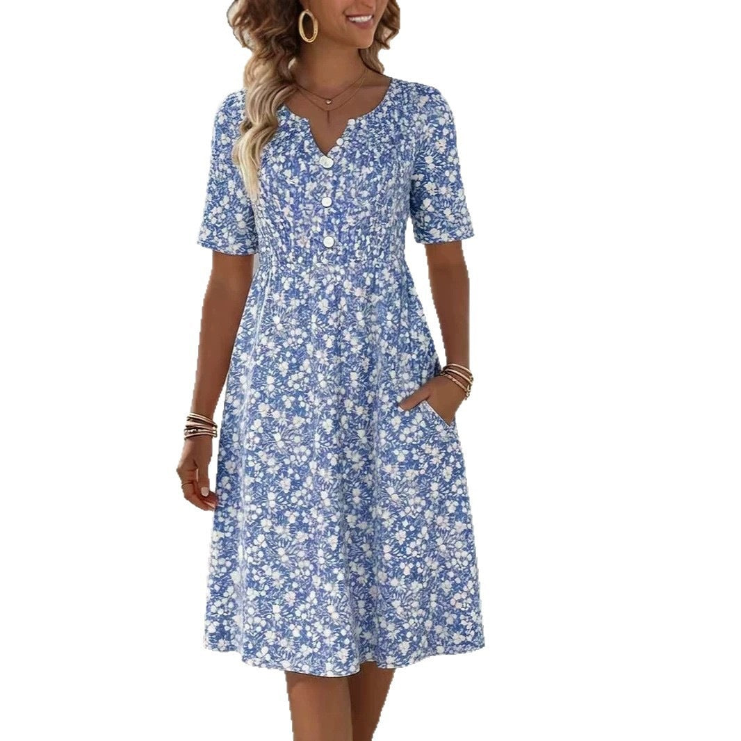 Womens Floral Print V-Neck Midi Dress With Short Sleeves - cas7m